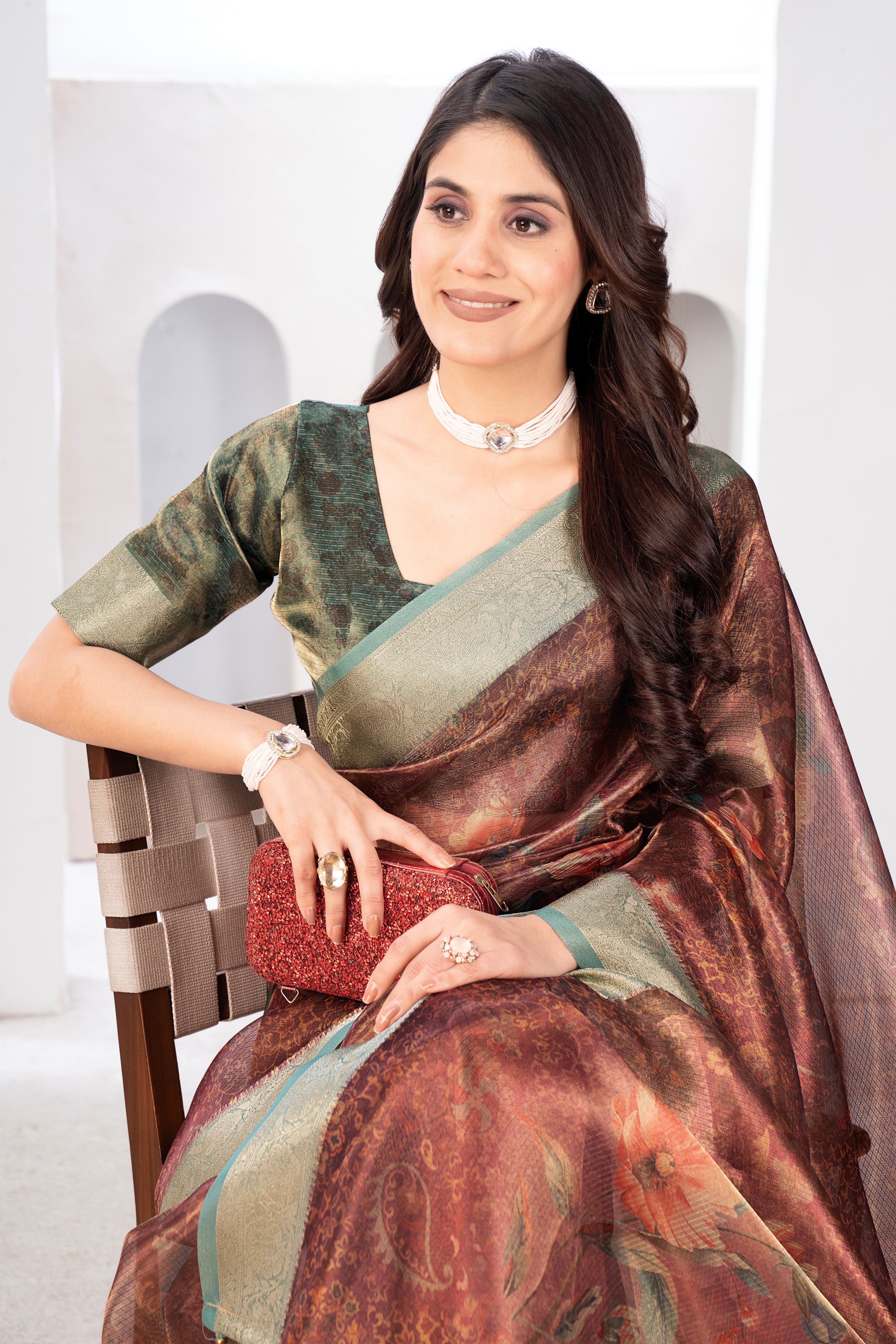 Rust Orange Shine Silk Floral Saree